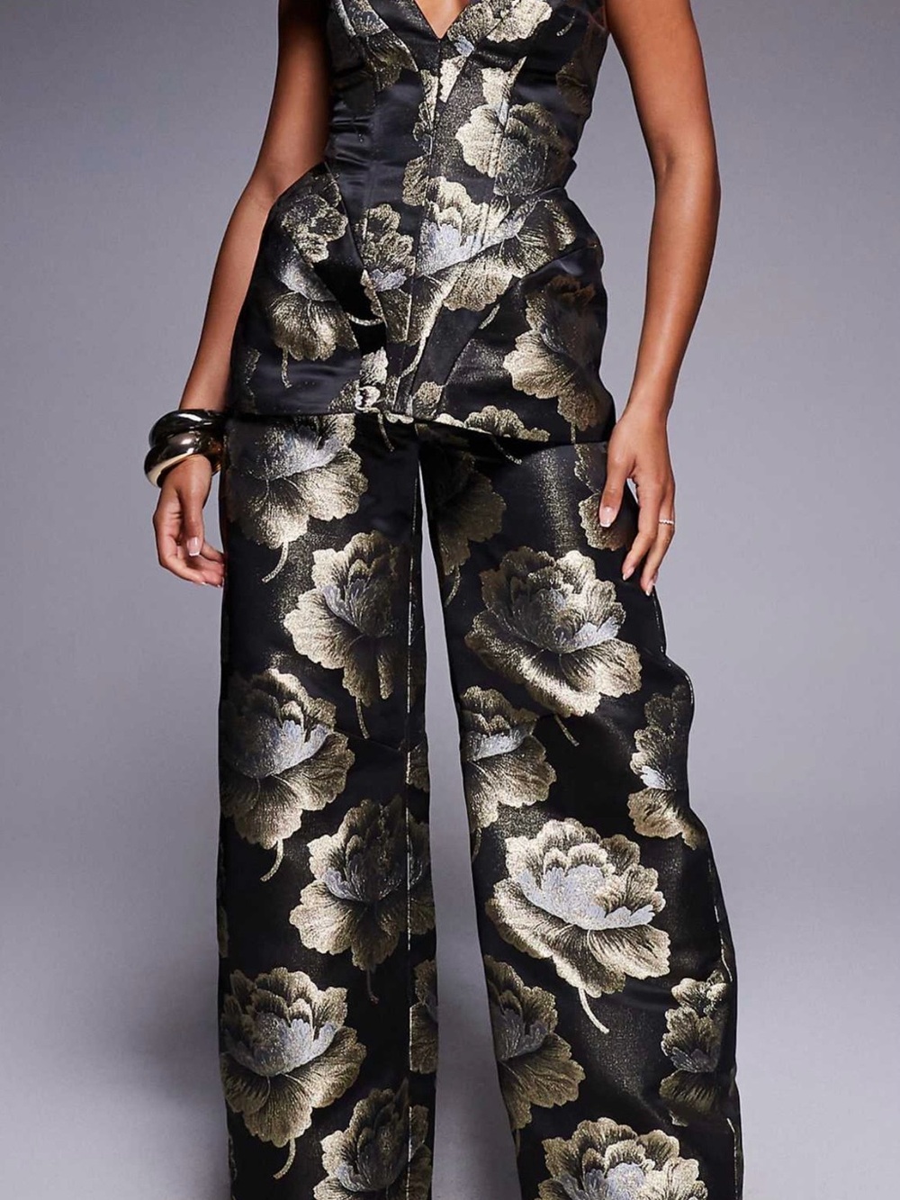 ASOS Black Wide-Leg Pants with Gold Floral Jacquard